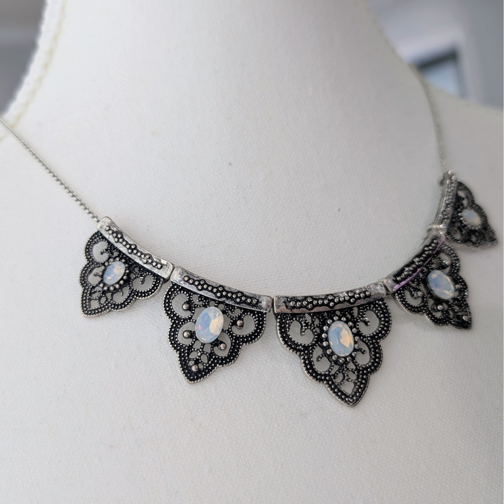 Vintage Glass Opal Filigree Panel Bohemian Boho Chic Necklace 17" - 20"